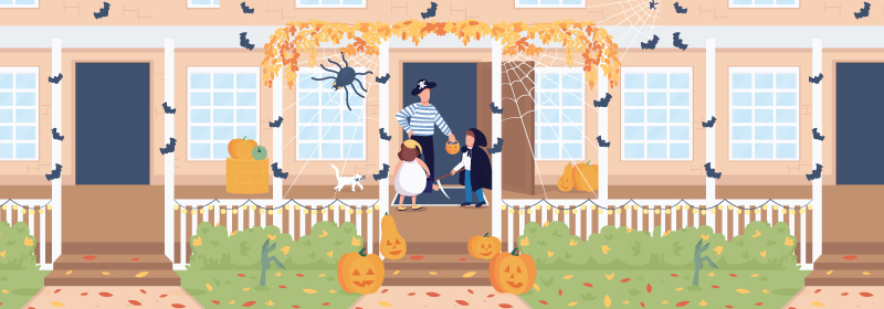 Trick-or-treaters in costume at a decorated front porch on Halloween night