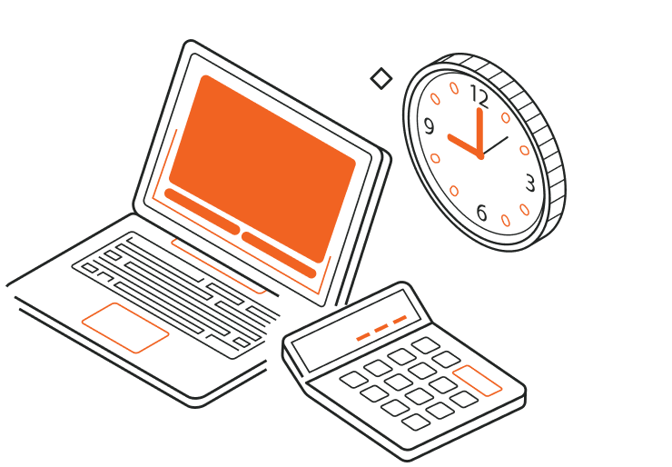 laptop, calculator, and clock