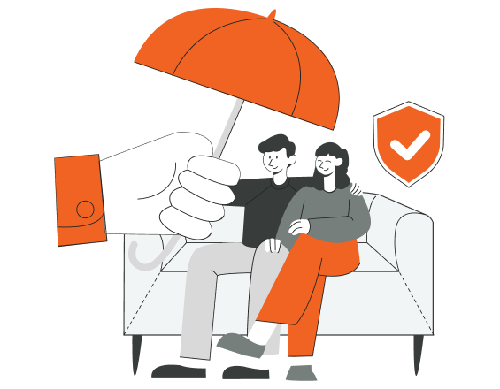 couple sitting on couch with umbrella